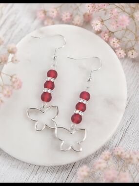 Red Bead Butterfly Dangle Earrings with Silver Accents